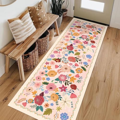 Washable Boho Area Rug 2'x6' Hallway Runner Rug Light Pink White Color Floral Non-Slip Soft Oriental Vintage Carpet Kitchen, Entryway Bedroom Corridors Indoor