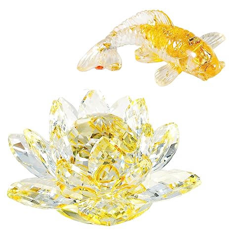 Soulnioi Yellow Crystal Lotus Flower Ornaments Tealight Candle Holder and Citrine Crystal Crushed Stones Koi Fish Ornaments for Home Office Desk Car Decoration Gift for Friends