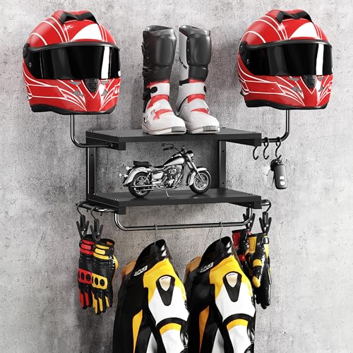 Forjarn Motorcycle Helmet Holder Wall Mount 2-Tier Helmet Rack with 2 Hat Stands Motorcycle Accessories Gear Storage Organizer Display for Men Jackets Caps in Garage Living Room (Black)