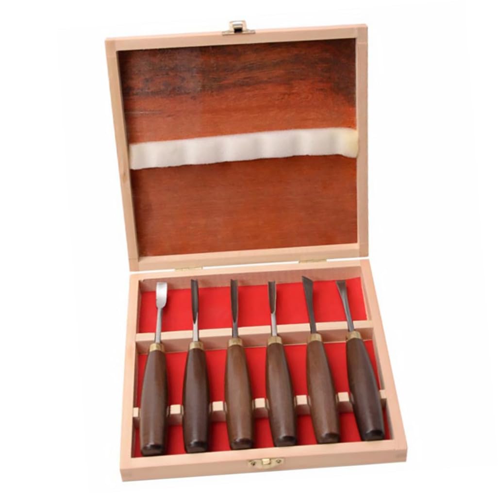 SHINEOFI Kit di 6 Scalpelli da Intaglio Legno Manico in Noce e Acciaio al Manganese, Alta Durata per Falegnami e Lavorazione del Legno