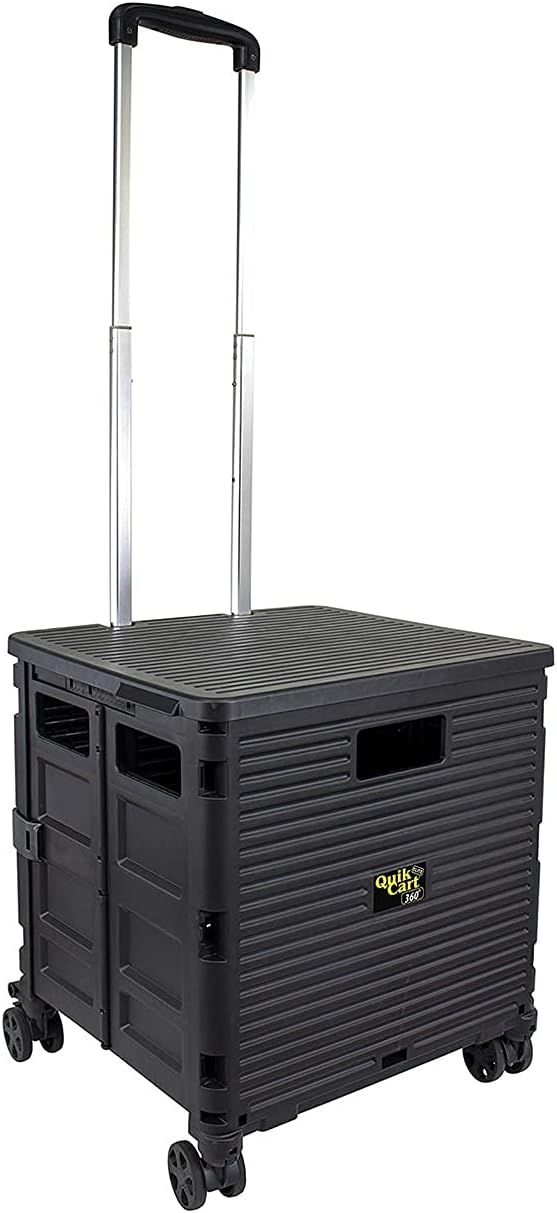 dbest products Quik Cart Elite 360 Four Wheeled Rolling Crate Teacher Utility with seat Heavy Duty Collapsible Basket with Handle, Black