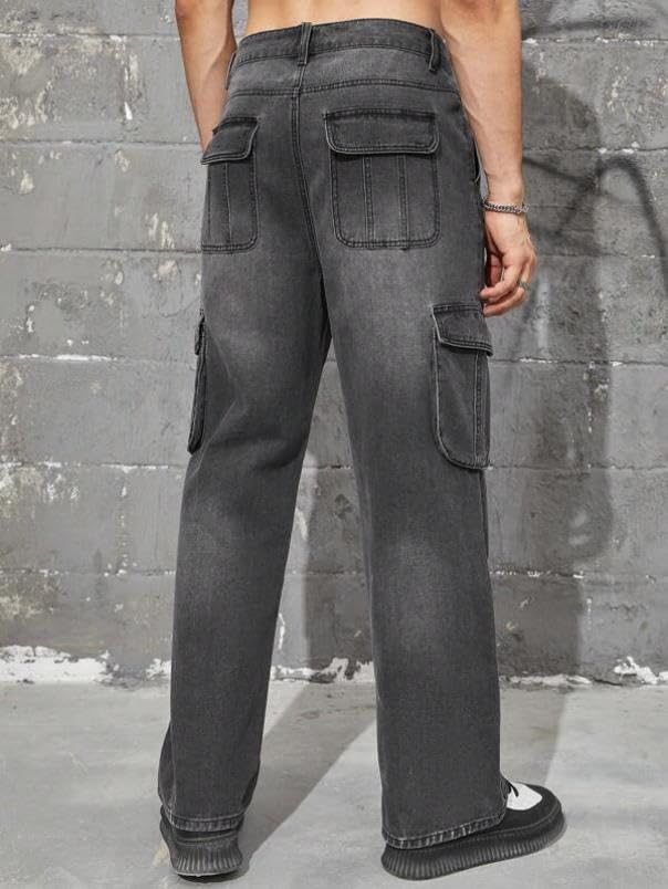 Image of KOTTY Men's Loose Fit Cargo Denim Jeans - Vintage Washed Utility Jeans with Side Pockets