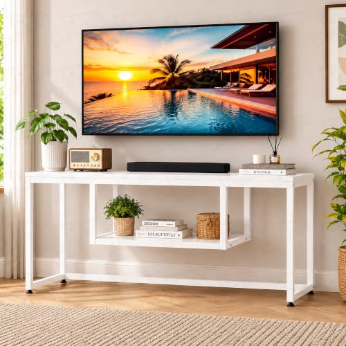 Image of Lukzer TV Unit Stand for TVs up to 43 Inch Engineered Wood with Metal (MTU-002 /White & White) Open Shelf Storage Console for Living Room, Set Top Box, WiFi Router, Speakers & Decor (110 x 56 x 30 cm)