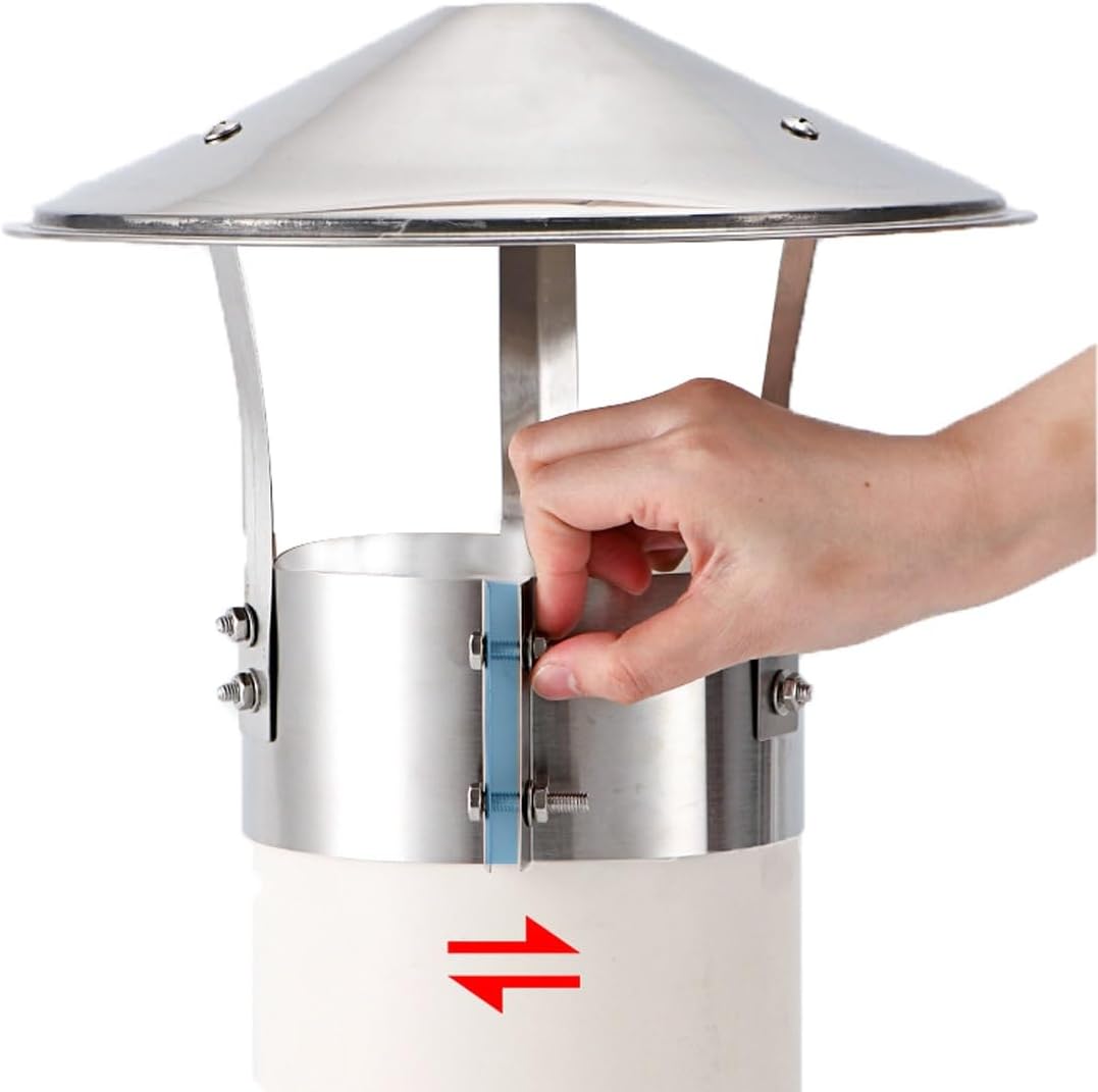Stainless Steel Wood Stove Pipe Chimney Cap, 3" 4" 5" 6" 7" 8" Adjustable Round Chimney Cover with Widened Band & Double-Screw Fixation, All-Weather Flue Rain Cap for Roof Vent(200mm(8in))