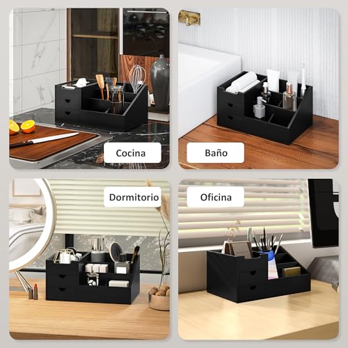HOMCOM Organizador de Escritorio de Bambú Organizador de Mesa con 2 Cajones 6 Compartimentos y Estante para Oficina Hogar 33x20,5x15,5 cm Negro - imagen 6