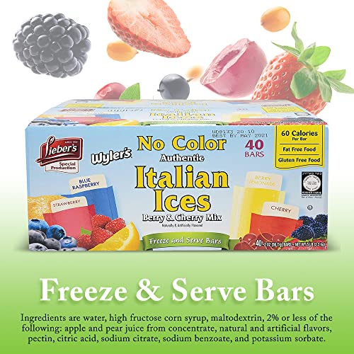 Lieber's Italian Ice Freeze Pops - Berry & Cherry Mix Ice Pops - Gluten-Free And Fat-Free Freeze Pops - 40 Bars Freeze Pops Bulk For Kids And Adults - No Color Freeze And Serve Italian Ices #TOP2