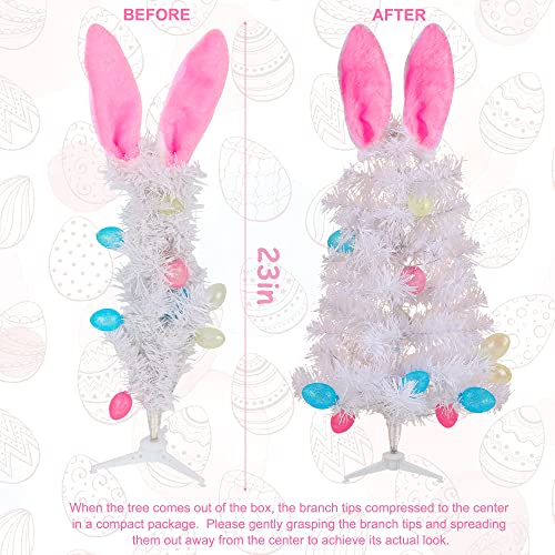 Dynaming Easter Table Decorations, 23 Inch Lighted Easter Bunny White Tree, Pre-Lit Artificial Tabletop Tree With Bunny Ears And Eggs, Battery Operated Light Up For Indoor Spring Home Bedroom Decor #TOP1