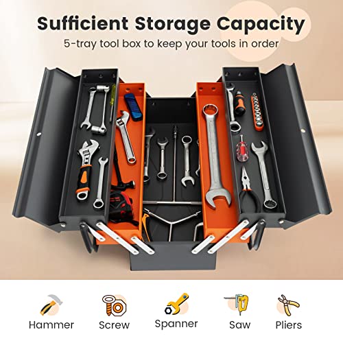 Safstar 22 Inches Tool Box, 3-Layer 5-Tray Metal Toolbox W/Full-Length Handles & Lock Hole Design, Portable Storage Toolbox, Folding Tool Organizer For Household Warehouse Repair Shop, Free Assembly #TOP6