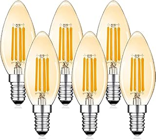 C35 LED Candle Bulbs Amber, Woowtt Small E14 Led Edison Vintage Bulb, 4W Screw Filament Chandelier Bulbs, 2700K, Dimmable, Amber Glass, 6Pack