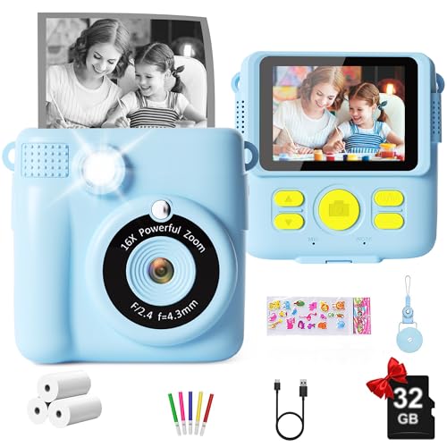 GKTZ Kids Camera Instant Print – 1080P HD Toddler Digital Camera with 32GB SD Card – IPS HD Screen, Ultra-Fast Printing, 2000mAh Battery, Birthday for Girls & Boys Ages 3-16, Blue