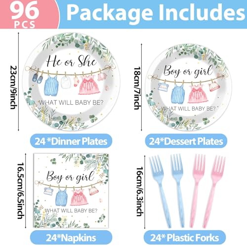 Image of 96Pcs Greenery Gender Reveal Party Decorations for Boy or Girl Baby Shower Plates Napkins Tableware Gender Reveal Disposable Baby Clothes Theme Plates He or She Paper Party Supplies for 24 Guests