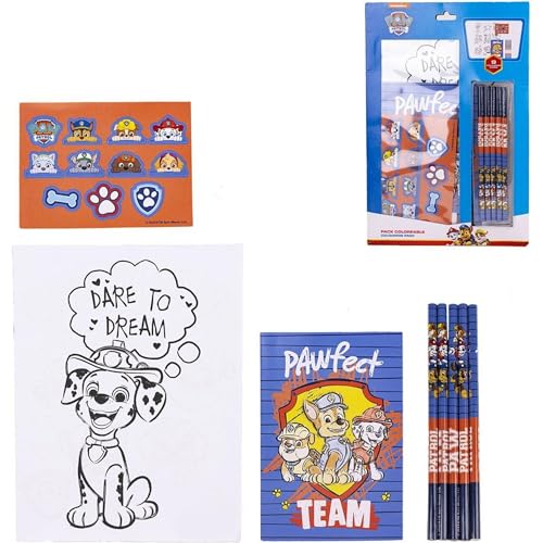 Set di cancelleria Paw Patrol con matite, quaderno, pagine da colorare e adesivi - Kit creativo per bambini, ideale per i fan di Paw Patrol