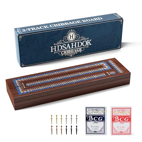 Wooden 3 and 4 - Track Cribbage Board Game Set, with Magnetic Lock / 12Pcs Metal Pegs / 2 Playing Cards/Larger Storage Area, Portable Strategy Game for Travel & Game Nights