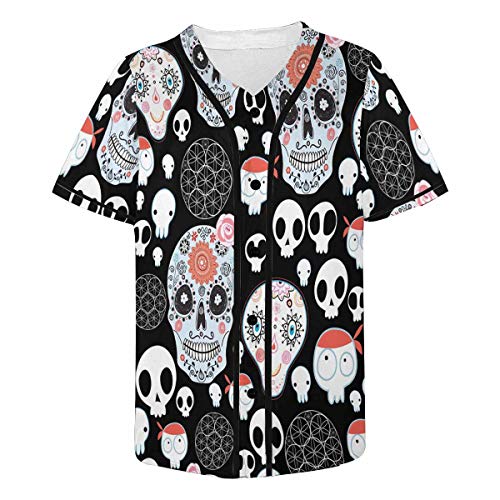 INTERESTPRINT Men's Day of The Dead Skulls Baseball Jersey Button Down T Shirts
