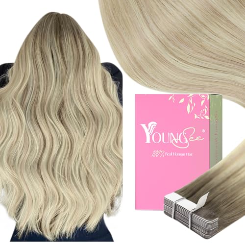 YoungSee Balayage Tape Hair Extensions Real Human Hair Ombre Ash Blonde to Platinum Blonde Tape in Hair Extensions Natural Looking 14 Inch 20pcs 50g