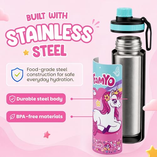 Image of Famyo Stainless Steel Unisex Kids Water Bottle 900ml, Unicorn Design | Girls & Boys, Leakproof Sipper with Carry Loop, BPA Free, Personalizable Name Space, School, Outdoor & Travel