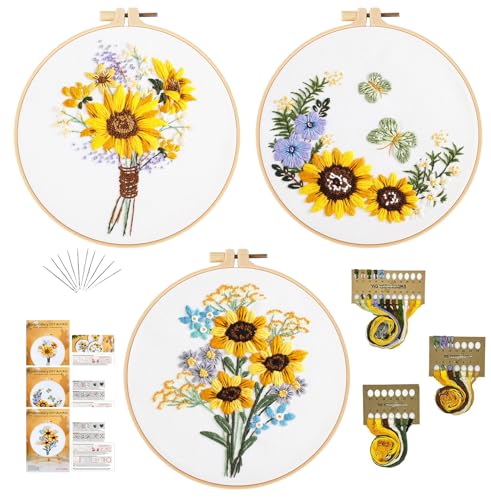 Image of GLTAYLMY 3 Sets Embroidery Starter Kit with Pattern and Instructions, Cross Stitch Set, Stamped Embroidery Kits with 3 Embroidery Clothes with Pattern, 1 Embroidery Hoop(Sunflower)