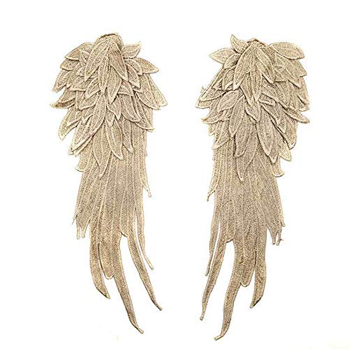 ZALALAA 1 Pair Khaki Angel Wings Embroidery Patches 15.8x6.2 inch