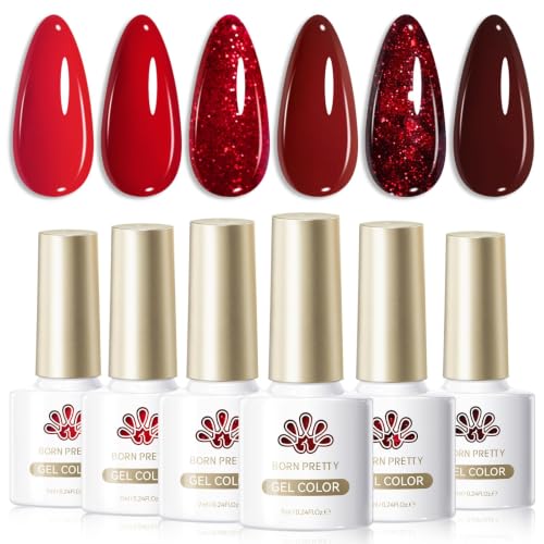 Born Pretty Esmaltes Semipermanentes Para Uñas Rojo Brillante | Pintauñas Semipermanentes 6 Colores Borgoña Rojo Oscuro Vino, Soak Off U V/LED Manicura Semipermanente