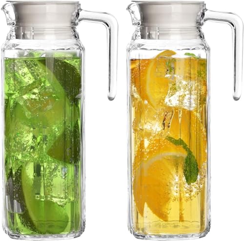 Image of PrimeWorld 2 Pcs Stripe Glass Jug with Lid, 1.1Liters Each, Multipurpose Jug, Transparent Beverage Carafe for Home, Office, Pitcher for Serve Water, Milk, Juice, Beverage, Lassi, Cocktail