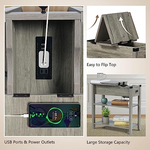 Narrow End Table With Charging Station, Small Side Table With Flip Top And 2 Storage Shelves, Narrow Side End Tables With Usb Ports And Outlets For Small Spaces, Living Room, Bedroom, Rustic Grey #TOP4