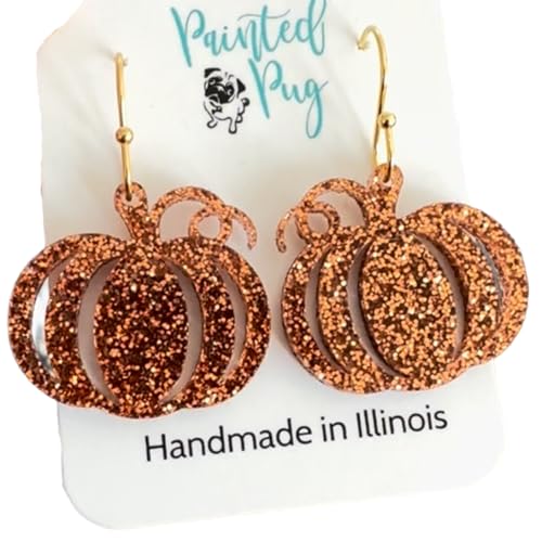 Pumpkin Earrings For Women Bronze Glitter Acrylic Fall Jewelry Lightweight Autumn Harvest Halloween Earrings Dangle Statement Handmade By The Painted Pug