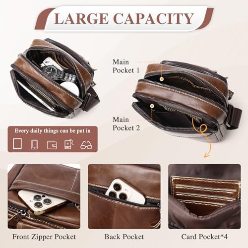 BAIGIO Men's 100% Genuine Leather Cross Body Bag Casual Messenger Satchel Side Bag for Wallet Purse Mobile Phone Keys