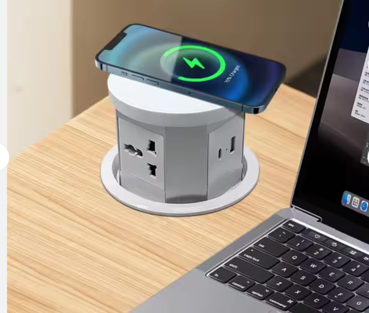 Image of Audiovan Vertical Pop Up socket Pneumatic Electrical Countertop, 3* Power+ USB type A+C charge+ 18 watt Fast Wireless phone charge Kitchen Counter Conference Desk (AVT-VMP24) White (WHITE)