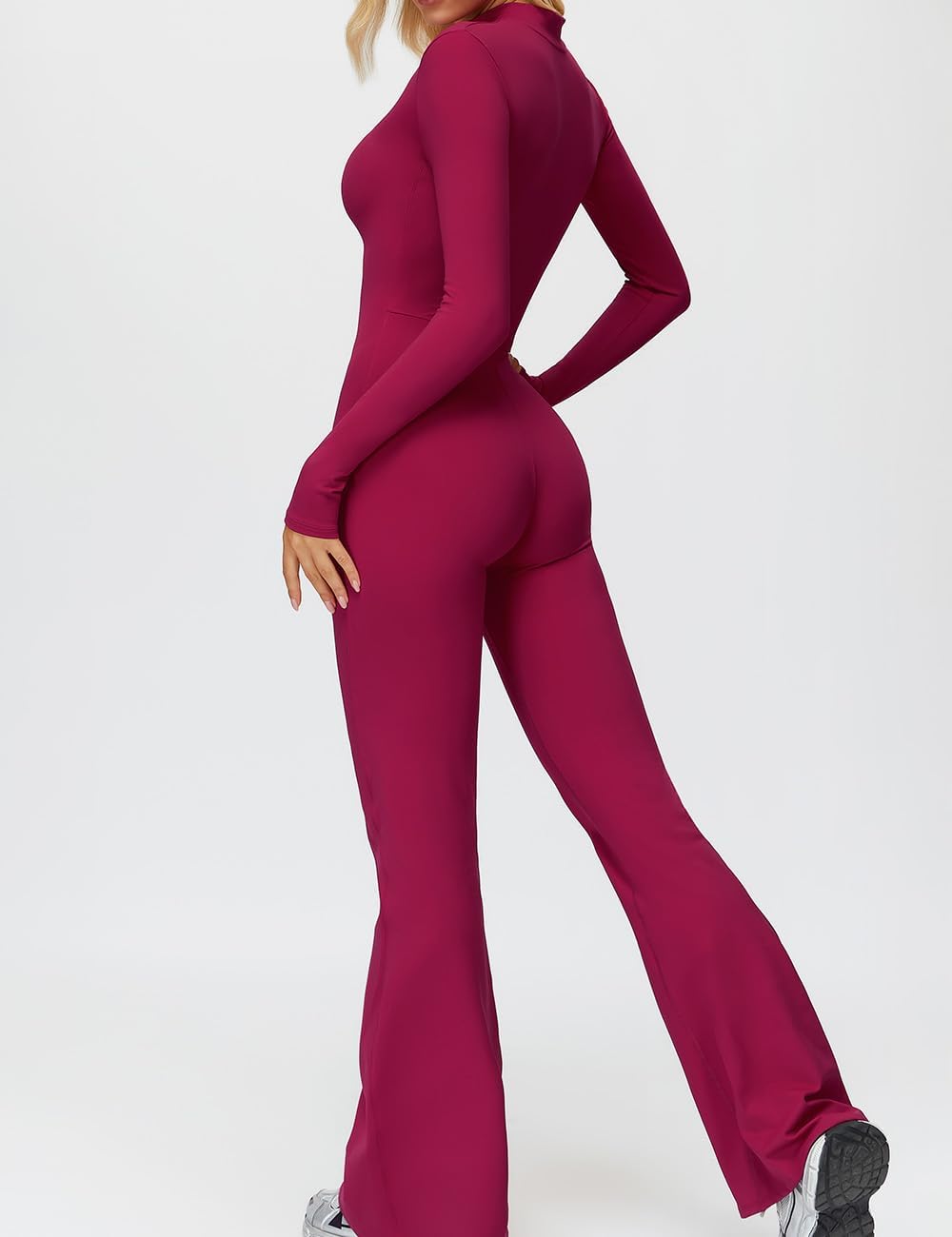 AEEZO Womens Fleece Lined Workout Flared Jumpsuits Zip Up Thermal Yoga Rompers Sexy Wide Leg One Piece Bodysuit - Image 3