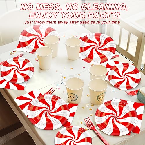 Image of 100Pcs Christmas Peppermint Paper Plates and Napkins Party Supplies Candy Cane Party Tableware Set Red and White Striped Christmas Winter Party Decor Favors for Holiday Xmas Theme Party Serves 25