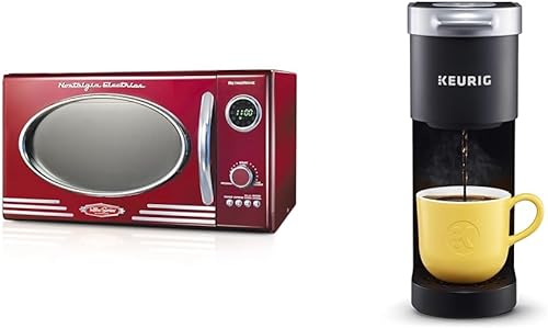 Nostalgia Horno microondas retro para encimera, grande, 800 vatios, 0.9 pies cúbicos, 12 cafeteras preprogramadas de cocción y Keurig K-Mini de una