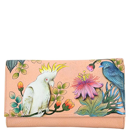 Anuschka Womenâ€™s Hand Painted Leather Checkbook wallet/clutch, Cockatoo Sunrise