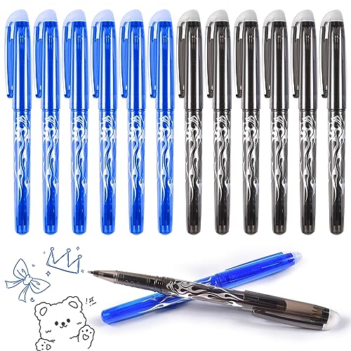 12 pcs Bolígrafos de Gel Borrables, Tinta Azul y Negra Colores, 0.5mm, con goma para adultos,niños,estudiantes