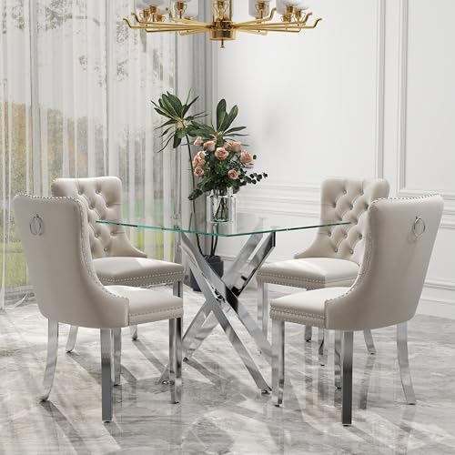 HAIZAO 5 Pieces Silver Glass Dining Table Set, Modern Luxury Square Kitchen Table Set for 4, 36'' Clear Minimalist Glass Top Dinner Set, Beige High-end Tufted Chairs, for Small Place Living Room