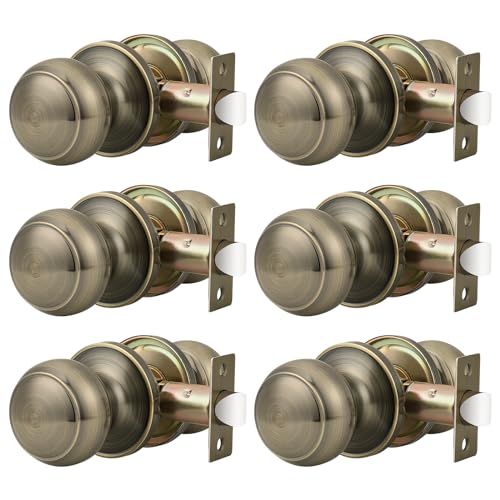 Probrico 6 Pack Door Knobs Interior Antique Brass Closet Door Knobs No Lock Keyless Passage Door Handles