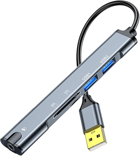 QIANRENON Estación de acoplamiento USB 5 en 1 Hub USB 2.0 a USB 2.0 TRRS 0.138 in Audio TF/SD lector de tarjetas multifunción puerto adaptador