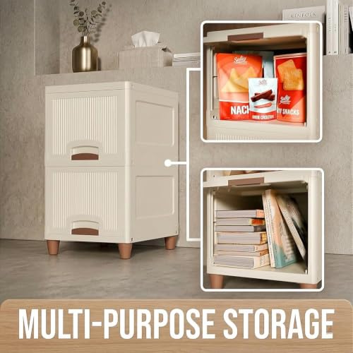 Image of Multipurpose Foldable Drawer Cabinet Organizer - Plastic Storage Cupboard with Double Door & Wheels | Clothes Rack, Kids Wardrobe for Home, Kitchen, Office (Ivory Drawer) 2 Layer