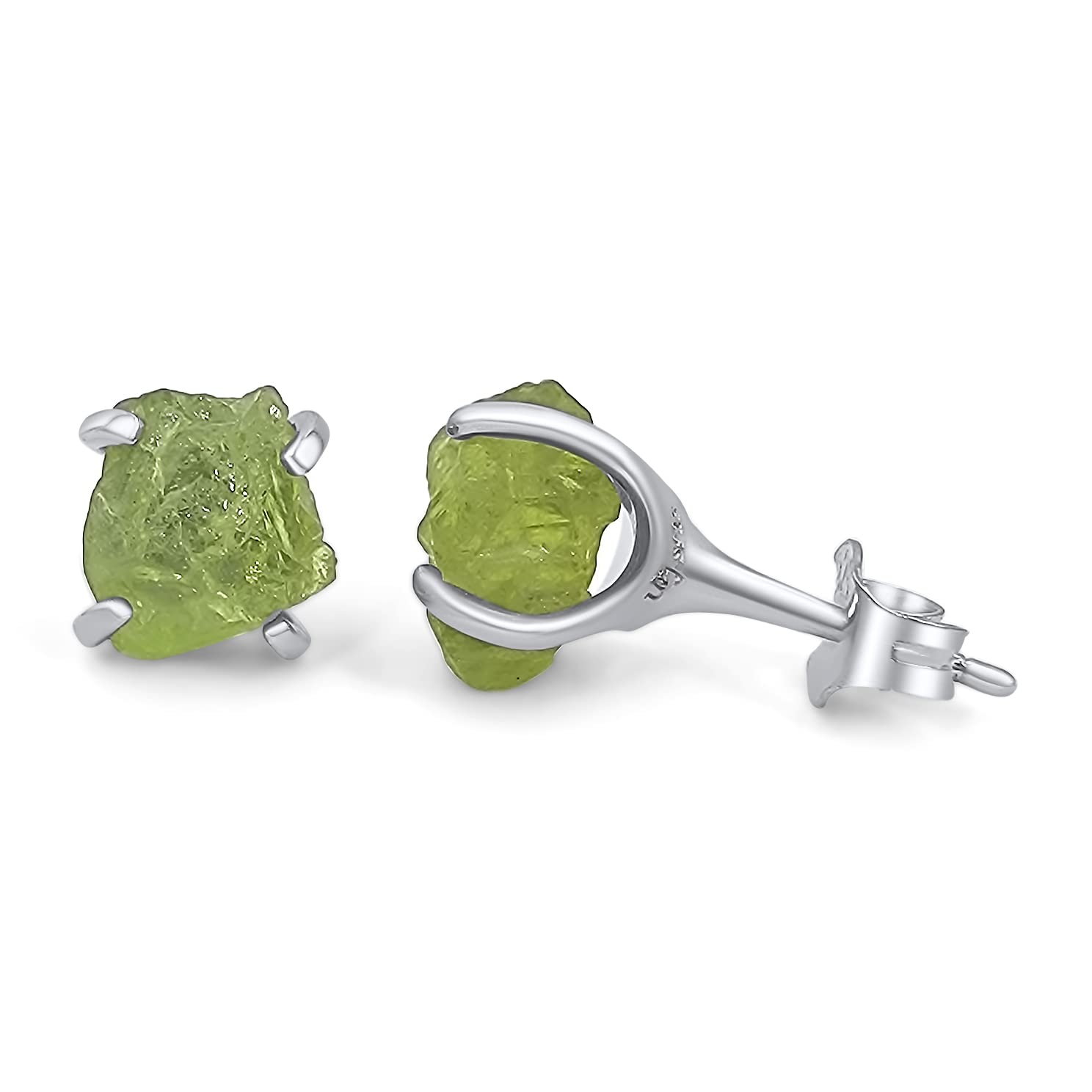 Natural raw peridot stud earrings with white gold over 925 sterling silver, 6 to 7mm rough genuine quality august birthstone gift for her, Uniquelan Jewelry (Peridot)