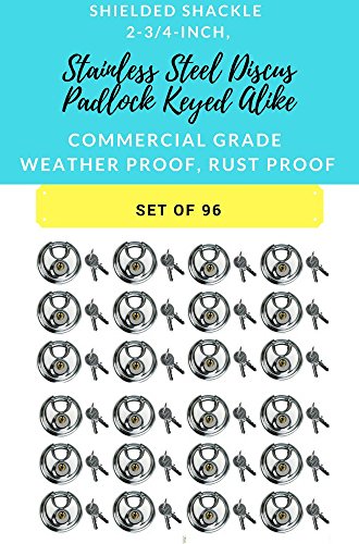 Weekly Top Sale Set of 96, Round Disc Padlocks Keyed Alike 70mm, 2-3/4-inch Heavy Duty Stainless Steel Discus Lock Padlock Hardened Steel Shackle Waterproof Weather Proof Commercial Grade All The Same Keys(96)