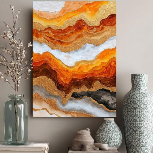Tableau sur toile abstrait de luxe marbré orange brûlé