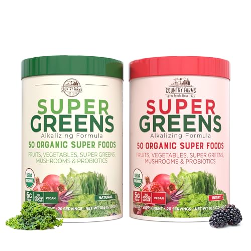 COUNTRY-FARMS-Super-Greens-Power-Pack-50-Organic-Super-Foods-Greens-Powder-with-Probiotics-for-Gut-Health-Bloating-Relief-Supports-Energy-Unflavored-Berry-40-Serving