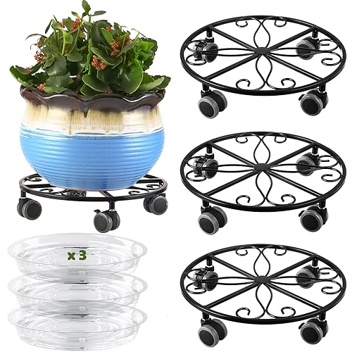 3 Pack Plant Caddy with Wheels & Saucers, Heavy Duty 13.5 Inch Metal Plant Stand with Wheels, Plant Dolly Rolling Plant Stand Plant Roller with Casters for Indoor and Outdoor, Black