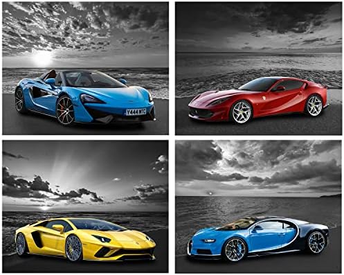 Car Poster for Boys Room Beach Theme Black White Sports Posters Lamborghini Poster Mclaren Ferrari Bugatti Car Wall Art Set of 4 Unframed (8x10 In) Cars Wall Decor for Bedroom
