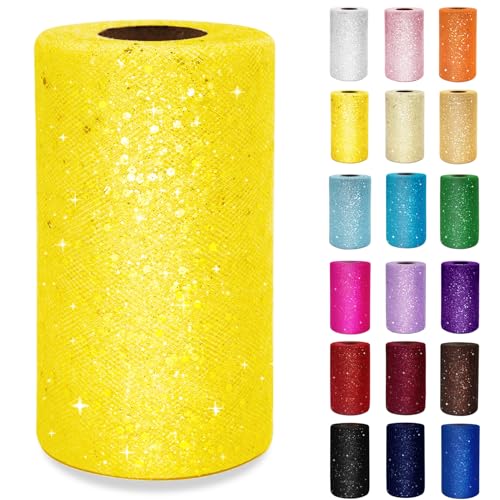 IONTACH Yellow Glitter Tulle Fabric 6 Inch X 50 Yards Tulle Ribbon