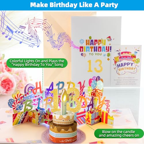 Image of Gumry 13th Pop-Up Musical Birthday Card with Blowable LED Candle for Teens