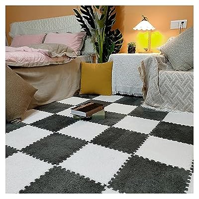 DSJBGSS Playmat 10 Pieces Plush Foam Play Mat, Interlocking Carpet Tiles 12"x12", Square Floor Mat Puzzle Play Mat for Bedroom Playroom(Gray+White)