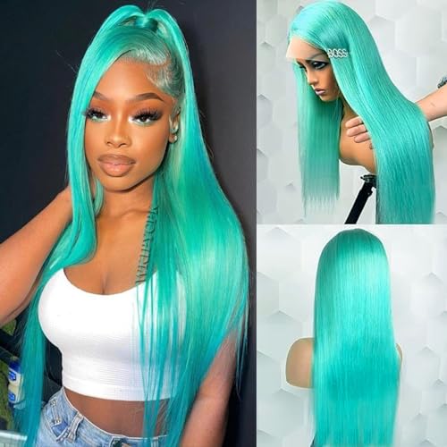 WKIPYCPK Blue Green Color Synthetic Lace Front Wigs for Fashion Women 24 Inch Long Silky Straight Hair Mint Green Wig 13x4 HD Lace Front Wigs Pre Plucked Hairline