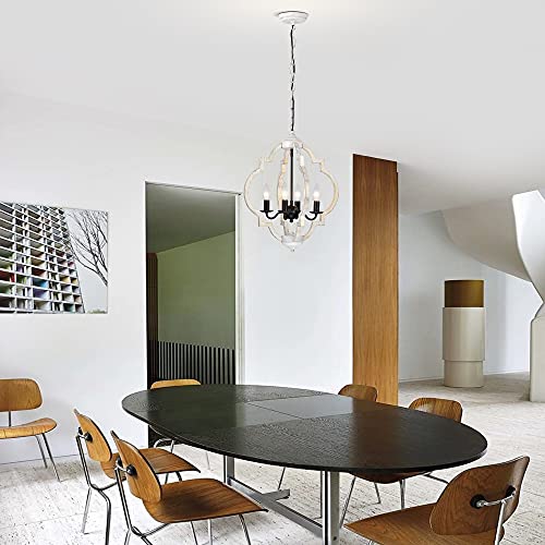 Farmhouse Chandelier Distressed White Wood With Black Metal Chandelier Lighting 4-Light Wooden Pendant Light Adjustable Height Dining Light #TOP1