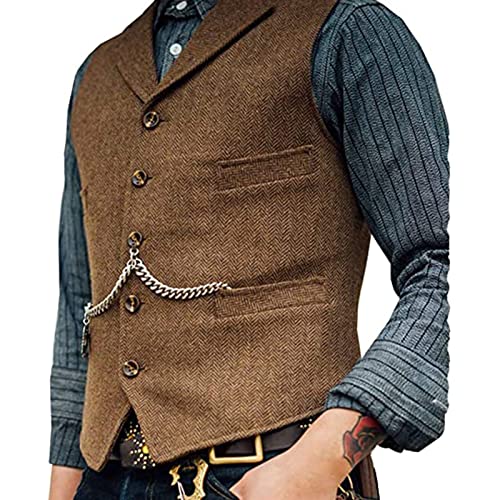 Mens Classic Wool Herringbone Suit Vest Casual Sleeveless Tweed Jacket Dress Waistcoat For Wedding Groom's Wear Plus Size (Color : Brown, Size : 3X-Large) #TOP5