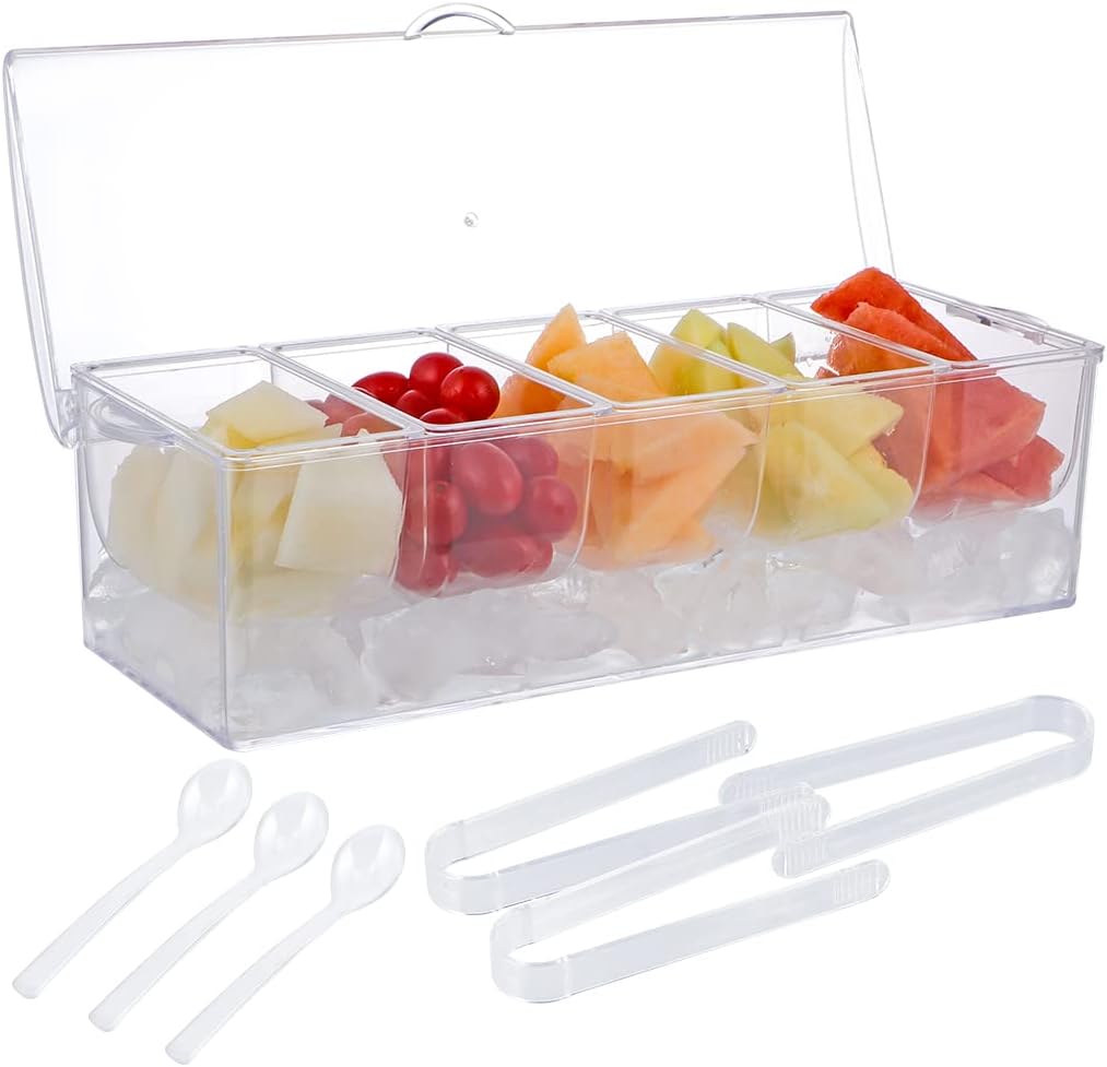 MOLIGOU Condiment Server on Ice, Chilled Caddy with 5 Removable Compartments, Chilled Serving Tray Container with Hinged Lid, 3 Serving Spoons and 3 Tongs Included